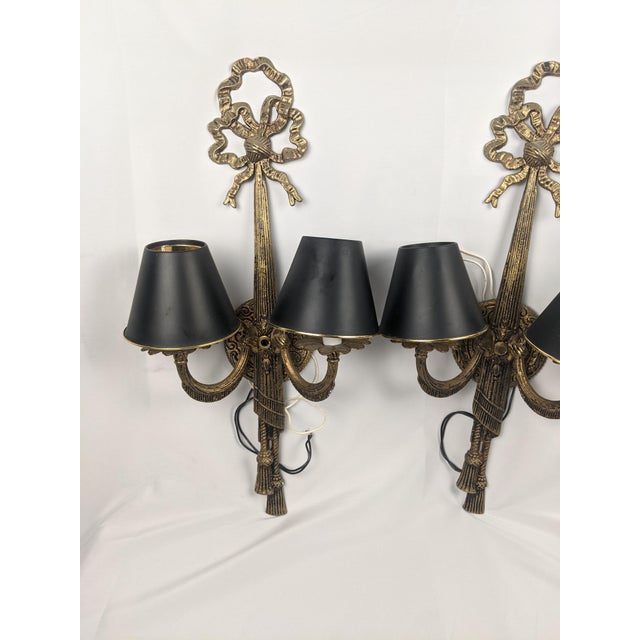 Vintage Ornate Gold-Tone Two-Light Wall Sconces With Shades - Pair For Sale - Image 9 of 18