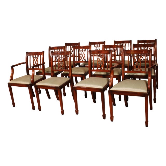 Hepplewhite Style Chairs and Armchairs in Mahogany, 1890s, Set of 12 For Sale