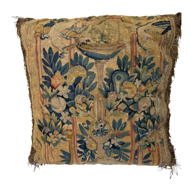 Antique Early 18th-Century Needlepoint Pillow With Velvet Back & Tassels — 18” X 17” For Sale
