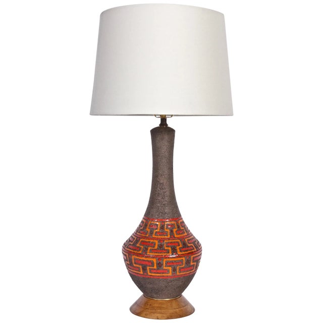 Mid 20th Century Aldo Londi Brown Pottery Table Lamp with Glazed Red & Orange Geometrics For Sale - Image 9 of 9