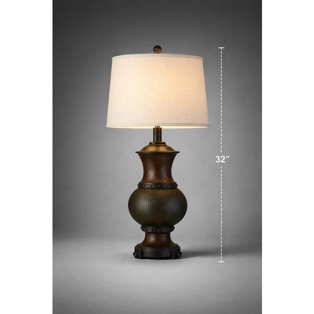 Neoclassical Late 20th Century Sculptural Hammered Urn Table Lamps – Old World Bronze Finish, Linen Shades, 32” - a Pair For Sale - Image 3 of 7