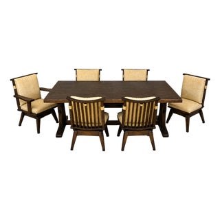 Rare 7-Piece Mid-Century Modern Japanese Dining Set With Tiger Oak Live-Edge Trestle Table & 6 Swivel Chairs For Sale