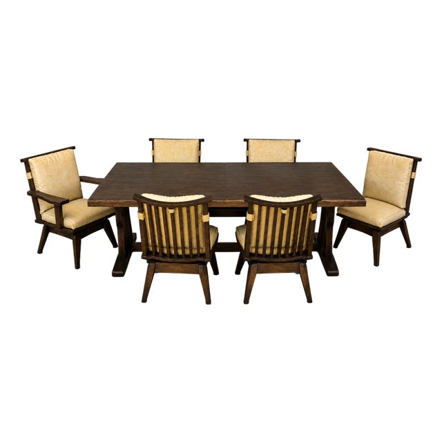 Rare 7-Piece Mid-Century Modern Japanese Dining Set With Tiger Oak Live-Edge Trestle Table & 6 Swivel Chairs For Sale