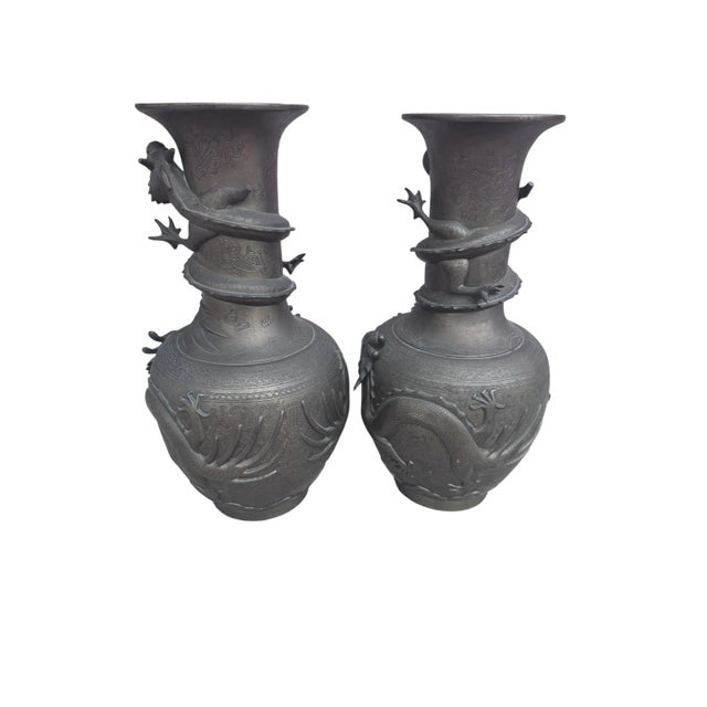 Antique Signed Asian Bronze Dragon Vase - Pair For Sale - Image 9 of 9