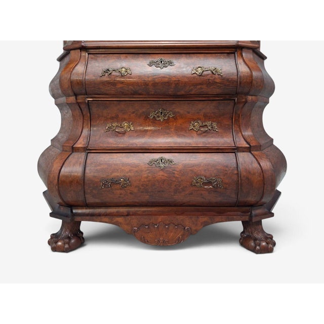 Dutch Baroque Style, Large Bombe Bookcase, Burr Walnut, Glass, England, 1940s For Sale - Image 11 of 15