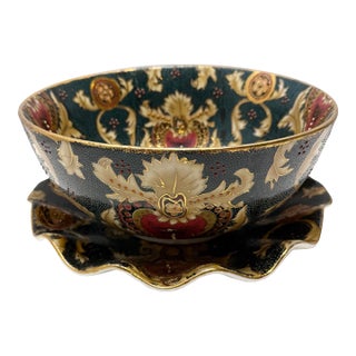Vintage Famille Noire Hand Painted Enamel Satsuma Ware Bowl & Scalloped Edge Plate From China For Sale