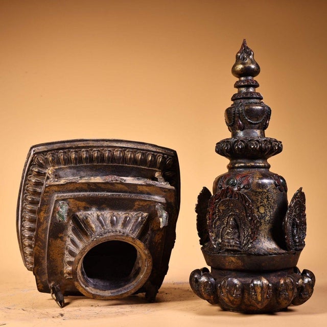 Large Vintage Gilt Bronze Tibetan Stupa - Himalayan Buddhist Chorten Altar Shrine For Sale - Image 9 of 10
