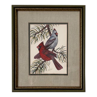 Mid-Century Original Watercolor Cardinal Pair on Pine – Signed Shawn Donavan – Framed Bird Painting For Sale