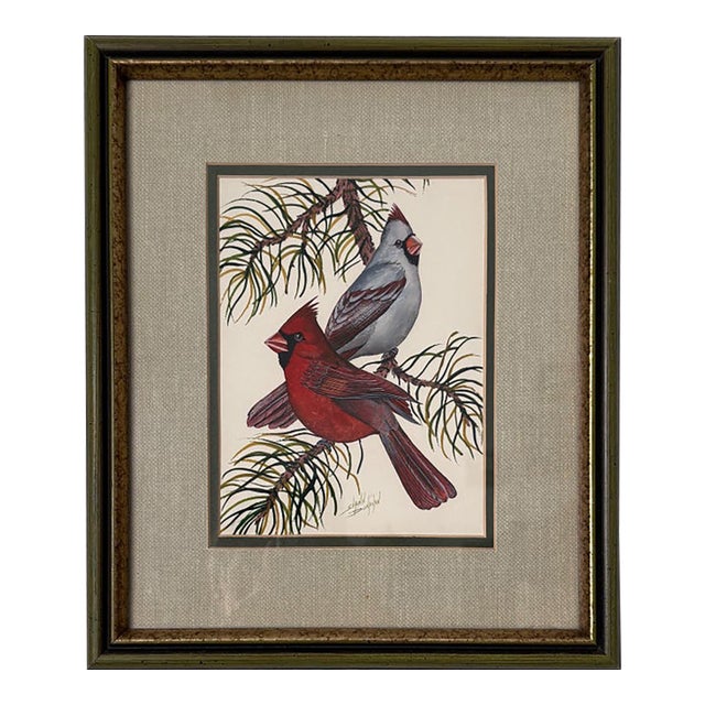 Mid-Century Original Watercolor Cardinal Pair on Pine – Signed Shawn Donavan – Framed Bird Painting For Sale