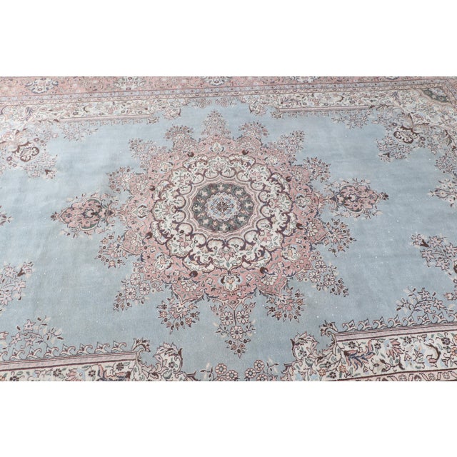 1970s Versatile Vintage Hand-Knotted Light Blue Turkish Medallion Wool Rug - 6.9 X 10 Ft For Sale - Image 5 of 10