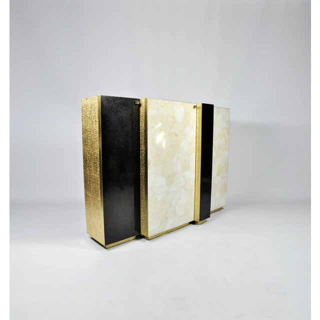 Black Gold Leaf Fiber Marquetry, Black Stone, Brass, and White Rock Crystal Cabinet by François-Xavier Turrou for Ginger Brown For Sale - Image 8 of 12