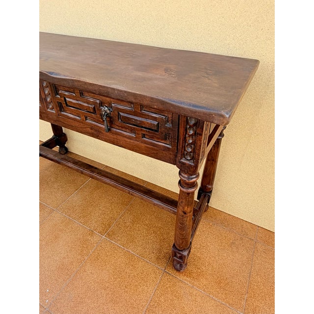 1920s Spanish Walnut Console Table with Geometric Carved Drawers, 1920s For Sale - Image 5 of 17