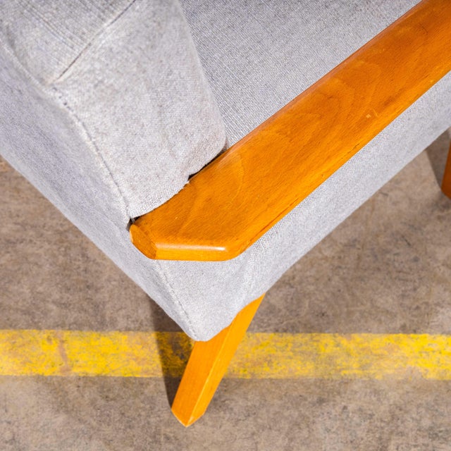 Mid-Century Grey Brushed Cotton Upholstered Armchair with Straight Arms and Top Caps, 1950s For Sale - Image 6 of 10