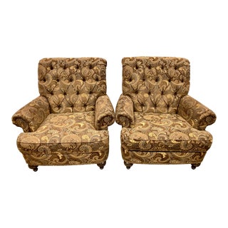 Ethan Allen Upholstered Chesterfield Tufted Club Chairs - a Pair For Sale