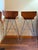 Pair of bentwood seat bar stools with figured teak veneer, low backs and chromed steel "Eiffel Tower" like bases....