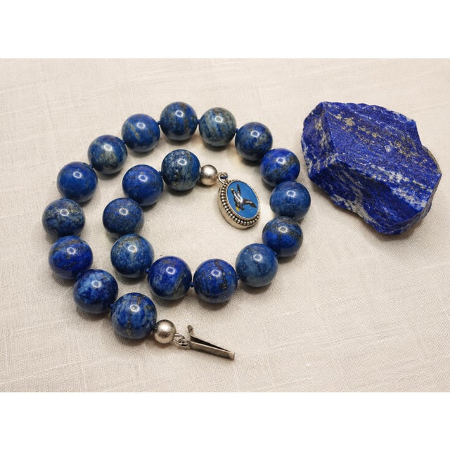 Navy Blue Lapis Lazuli Necklace With Vintage Crystal Clasp, 18" For Sale - Image 8 of 8