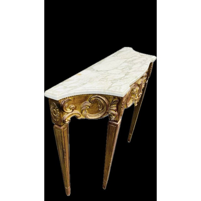 Rustic European Palladio Style Italian Painted Gilt Marble Top Console Table For Sale - Image 3 of 10