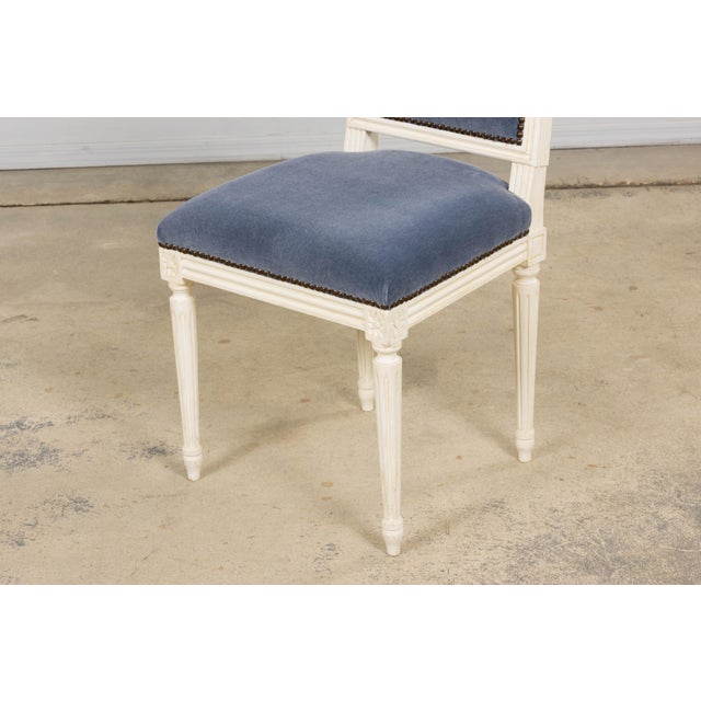 Antique French Louis XVI Style Painted Side Chairs W/ Blue Mohair – A Pair For Sale - Image 16 of 18