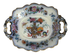 Antique English Ironstone Chinoiserie Blue Flow Footed Serving Dish