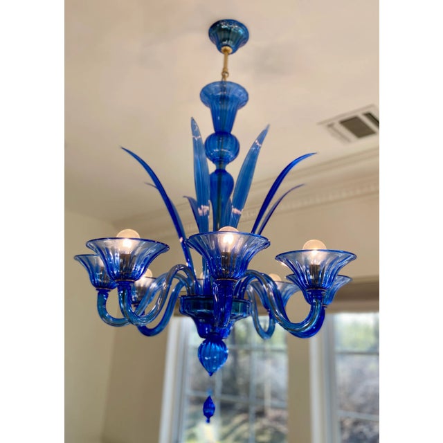 1980s Blue Murano Style Glass Chandelier With 8 Leaves and 8 Lighted Arms, Hand Blown in Murano Italy For Sale - Image 10 of 11