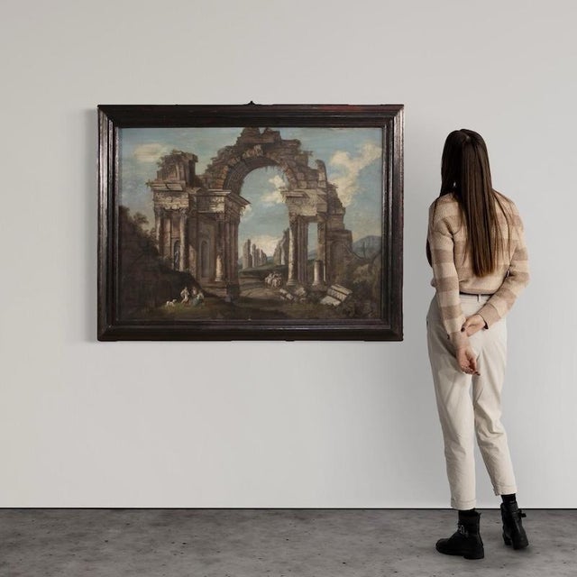 Mid-20th-century Italian painting. Oil on canvas, antique-style, artwork depicting an architectural capriccio, a view with...