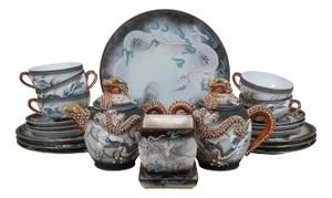 Mid 20th Century Japanese Satsuma Moriage Dragonware Lithopane Geisha Coffee Tea Set- 21 Pieces