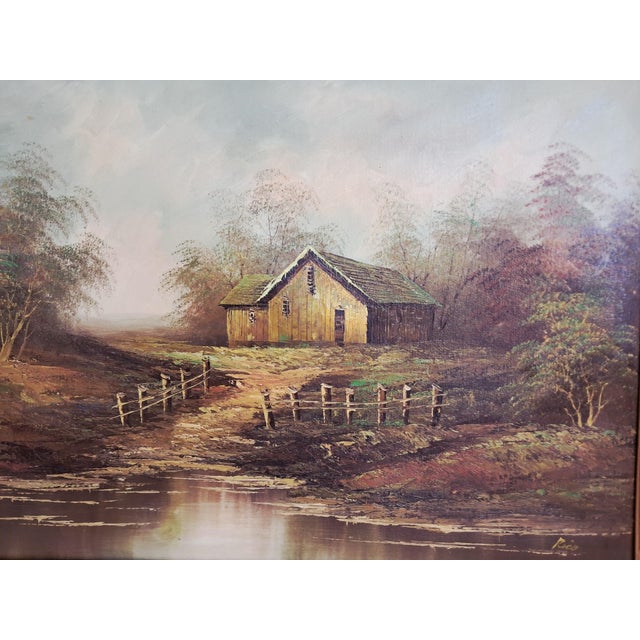 Vintage Woodland Lake Oil Painting on Canvas, Gold Frame, Signed, 1980s, Large For Sale - Image 10 of 18