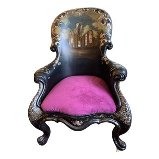Exceptional 19th Century English Victorian Papier-Mâché Gothic Revival Black Lacquer Arm Chair For Sale