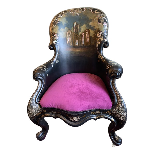 Exceptional 19th Century English Victorian Papier-Mâché Gothic Revival Black Lacquer Arm Chair For Sale