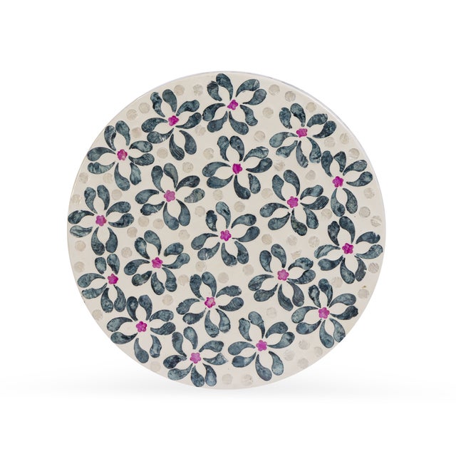 Boho Chic Lorna Stool in Aqua Floral Capiz Shell Motif For Sale - Image 3 of 6