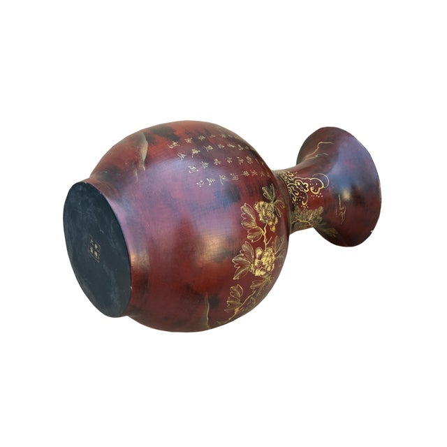 Chinese Chinese Brown Lacquer Golden Scenery Decorative Wood Vase Art For Sale - Image 3 of 16