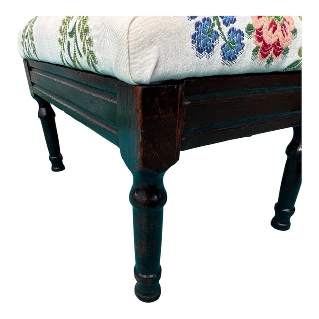 1920s English Mahogany Footstool Newly Upholstered Seat Turned Legs Stool For Sale - Image 14 of 14