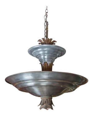 Mid-Century Modern Double Silver Metal Saucer Pendant Chandelier