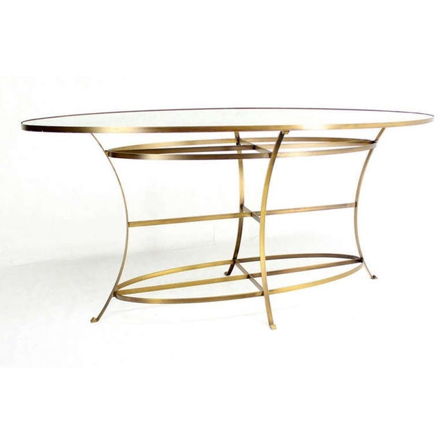 Large Brass Oval Mirrored Top 39"h Bar Hight Table Display Center Console For Sale - Image 6 of 9