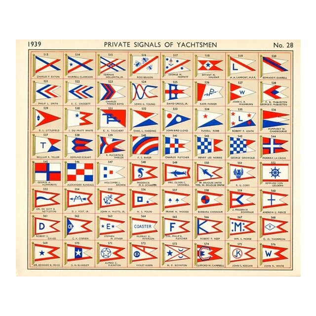 1939, Yacht Owners Flags, Original Vintage Sailing Lithograph, #28 For Sale