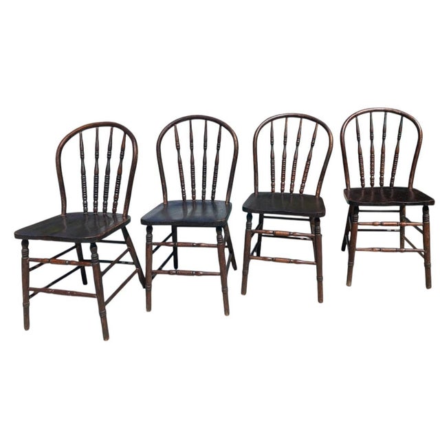 Set of 4 Antique Early 19th Century Wooden Windsor Spindle back farmhouse set of four chairs that are in excellent...