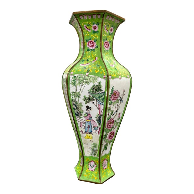 Antique Chinese Canton Enamel 17” Hexagonal Vase: Court Ladies & Wisteria For Sale