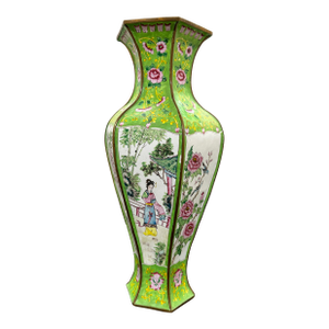 Antique Chinese Canton Enamel 17” Hexagonal Vase: Court Ladies & Wisteria