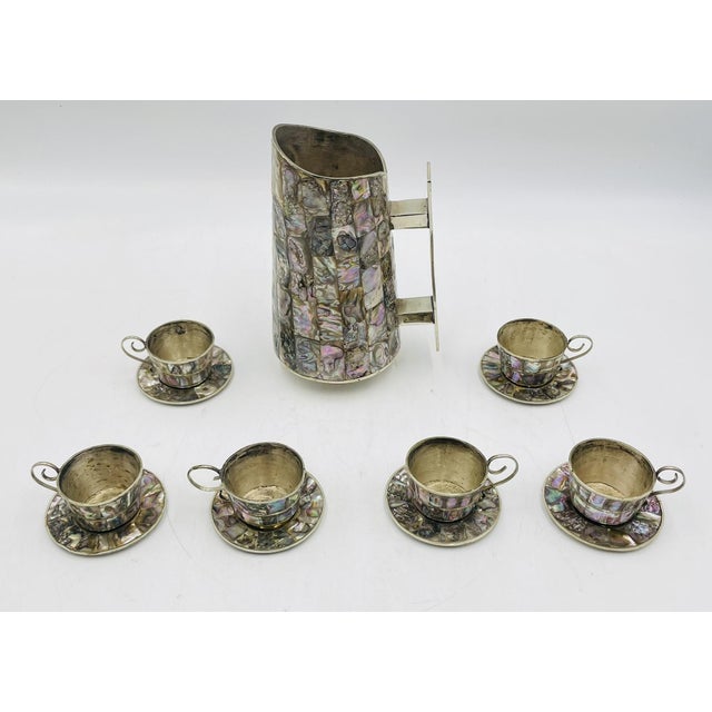 1950s 1960s Mexican Alpaca Silver & Abalone Water Pitcher Set After Los Castillo For Sale - Image 5 of 13