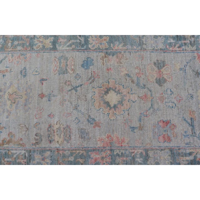 Hand Knotted Modern Oushak Runner on Light Gray Field and Colorful Motifs For Sale In Atlanta - Image 6 of 11