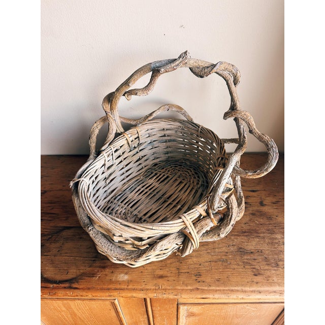 Wood Vintage Twig Handle Basket Woven Oval For Sale - Image 7 of 12