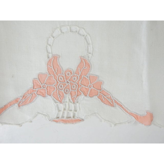 Vintage circa 1930's hand applique and cutwork linen hand or tea towel Flower basket in peach, tiny holes near basket and...