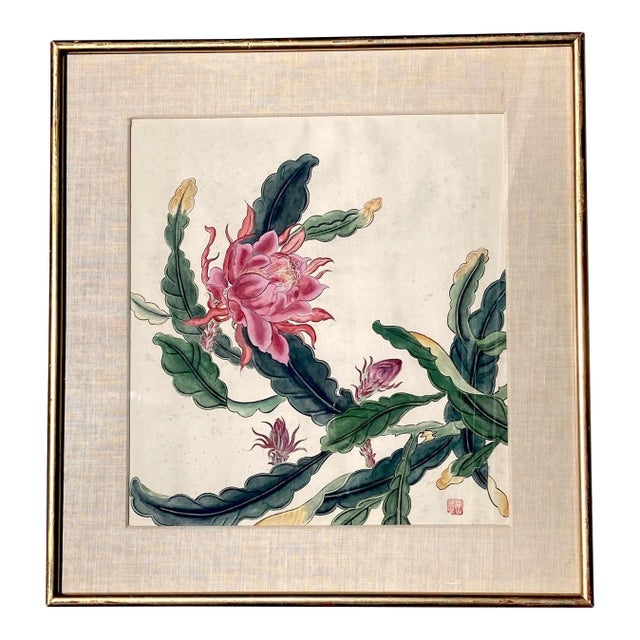 1920s Chinese Painting on Silk, Chop Signed, Pink Flower Green Leaves For Sale
