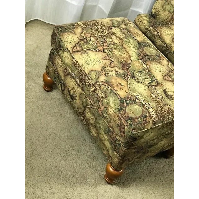 Late 20th Century Global World Map Tapestry Armchair With Matching Ottoman For Sale - Image 9 of 11