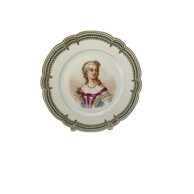 Traditional 19th C Sèvres Marked Plate Madame Du Barry Signed Debrie Green-Gold Ribbon Made in France c.1890-1910 For Sale - Image 3 of 10
