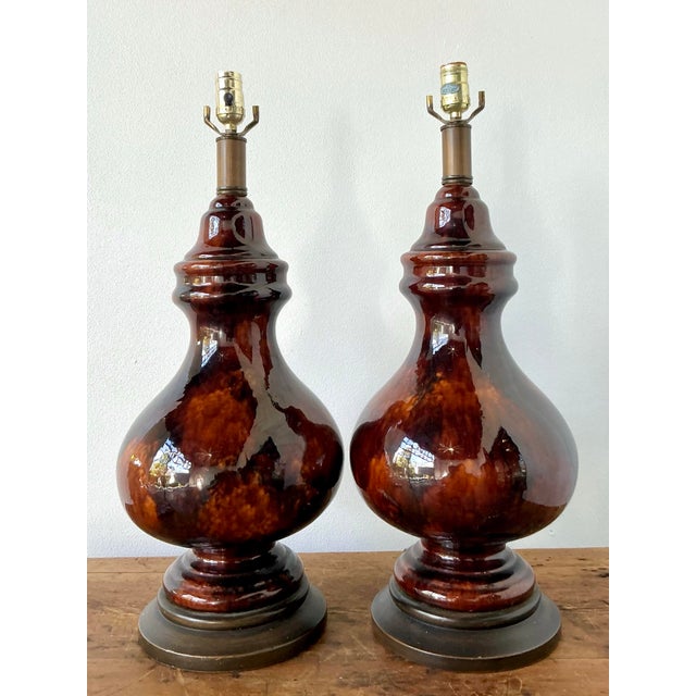 Vintage Boho Chocolate Glazed Ceramic Lamps - A Pair For Sale - Image 12 of 12