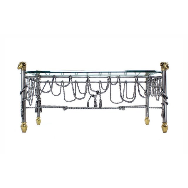 Transparent Ornate Wrought Iron Brass Ram Head Motive Glass Top Rectangle Coffee Table For Sale - Image 8 of 9