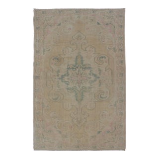 Vintage Oushak Rug From Turkey With Muted Colors and Floral Medallion For Sale