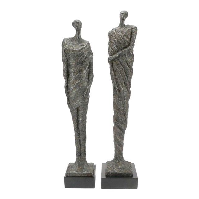 Pair of Vintage Brutalist Style Patinated Bronze Tall Figures After Alberto Giacometti For Sale