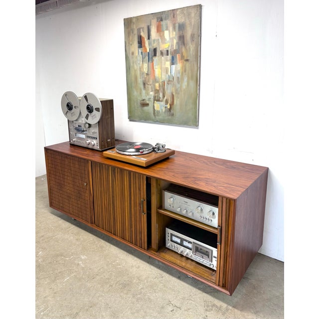 1960s Mid Century Modern Tambour Door Walnut Credenza / Media Cabinet / Bar Cabinet For Sale - Image 4 of 12